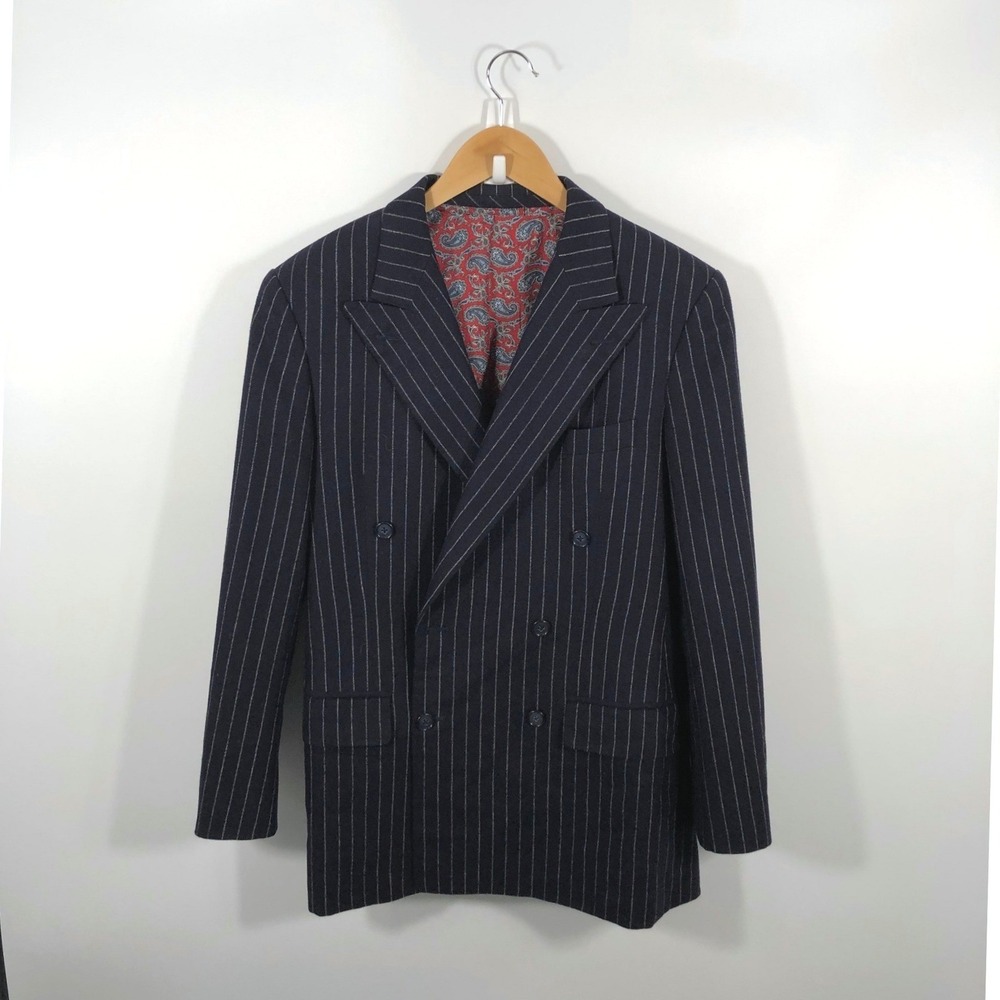 VTG Custom Hemrajani Blazer Mens 38R Navy Pinstripe Double Breasted Peak Lapel